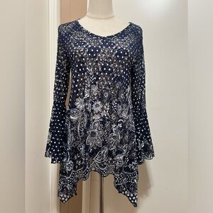 Dor Dor Couture Womens Bell Sleeve Sheer Top Small V-Neck Floral Polka Dots Blue